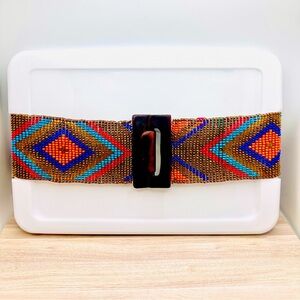 Aztec Southwestern Beaded Belt w/ Wooden Clasp 90s Wide Elastic Boho Size 32-37
